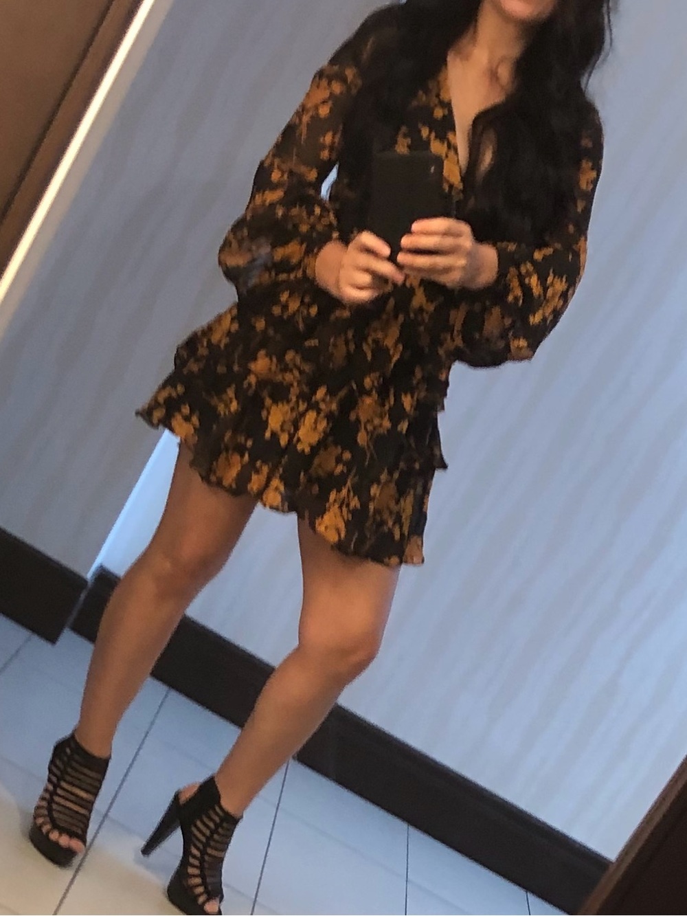 Selfie Leslie Black Yellow Floral Chiffon Romper S